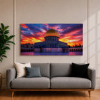 A panoramic painting of Masjid Al Aqsa in Jerusalem at sunset, featuring the iconic golden Dome of the Rock and surrounding historic structures bathed in warm evening light, with layered city architecture and soft sky tones rendered in expressive textured brushstrokes that highlight depth, atmosphere, and sacred architectural detail