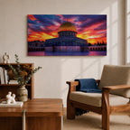 A panoramic painting of Masjid Al Aqsa in Jerusalem at sunset, featuring the iconic golden Dome of the Rock and surrounding historic structures bathed in warm evening light, with layered city architecture and soft sky tones rendered in expressive textured brushstrokes that highlight depth, atmosphere, and sacred architectural detail