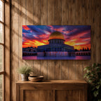 A panoramic painting of Masjid Al Aqsa in Jerusalem at sunset, featuring the iconic golden Dome of the Rock and surrounding historic structures bathed in warm evening light, with layered city architecture and soft sky tones rendered in expressive textured brushstrokes that highlight depth, atmosphere, and sacred architectural detail