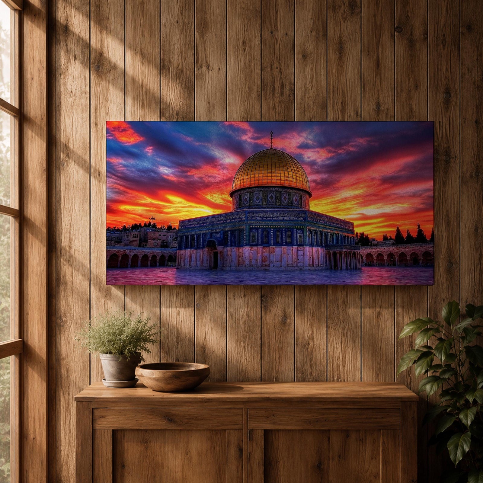 A panoramic painting of Masjid Al Aqsa in Jerusalem at sunset, featuring the iconic golden Dome of the Rock and surrounding historic structures bathed in warm evening light, with layered city architecture and soft sky tones rendered in expressive textured brushstrokes that highlight depth, atmosphere, and sacred architectural detail