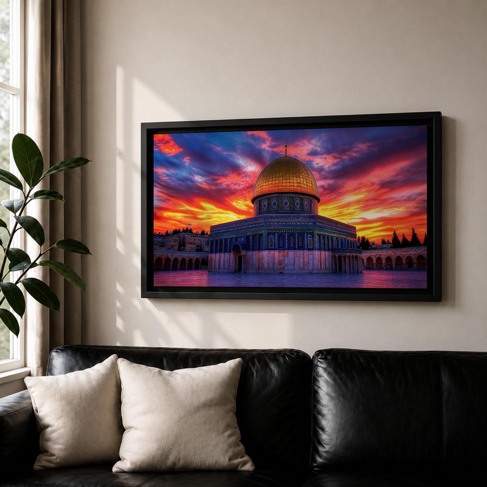 A panoramic painting of Masjid Al Aqsa in Jerusalem at sunset, featuring the iconic golden Dome of the Rock and surrounding historic structures bathed in warm evening light, with layered city architecture and soft sky tones rendered in expressive textured brushstrokes that highlight depth, atmosphere, and sacred architectural detail