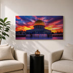 A panoramic painting of Masjid Al Aqsa in Jerusalem at sunset, featuring the iconic golden Dome of the Rock and surrounding historic structures bathed in warm evening light, with layered city architecture and soft sky tones rendered in expressive textured brushstrokes that highlight depth, atmosphere, and sacred architectural detail