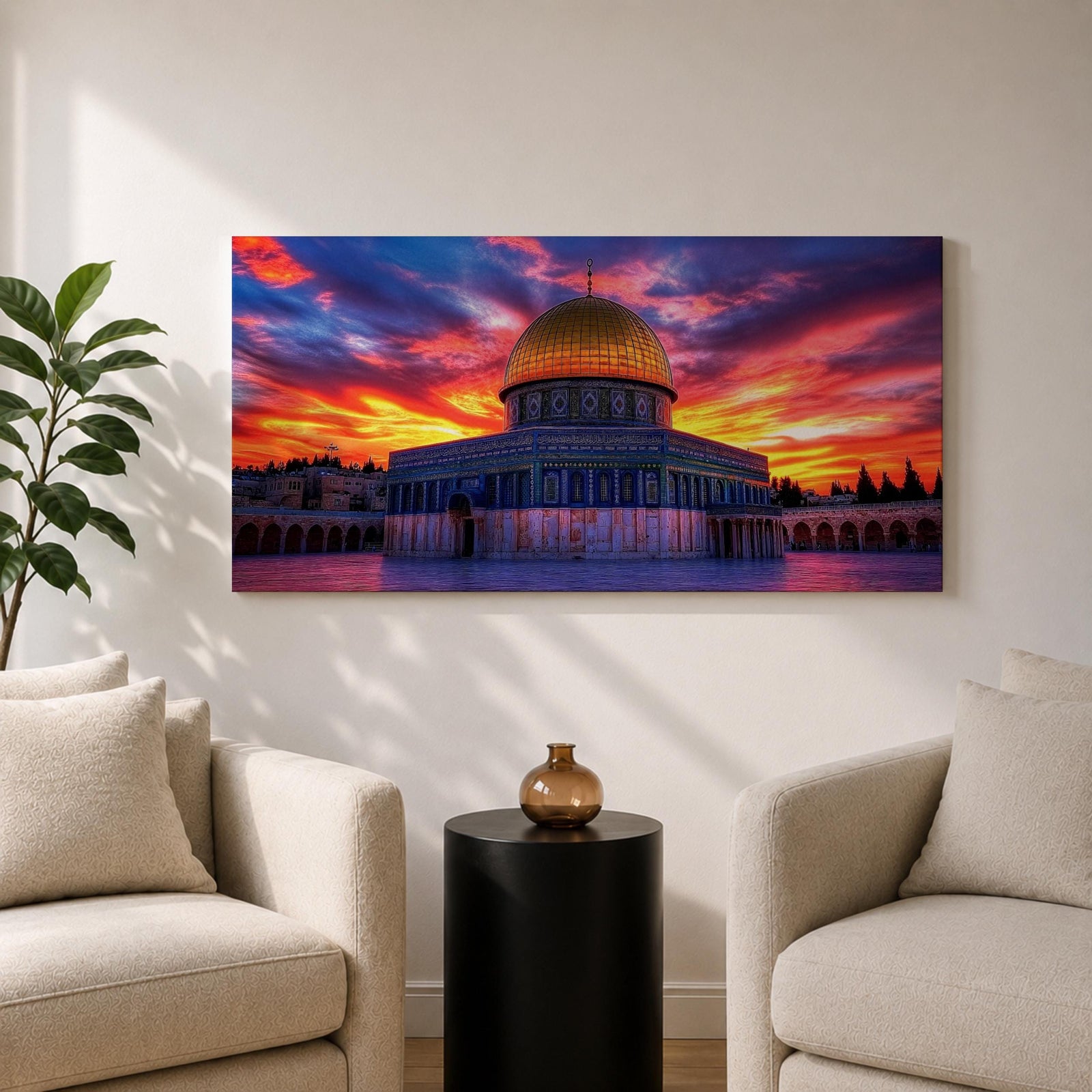 A panoramic painting of Masjid Al Aqsa in Jerusalem at sunset, featuring the iconic golden Dome of the Rock and surrounding historic structures bathed in warm evening light, with layered city architecture and soft sky tones rendered in expressive textured brushstrokes that highlight depth, atmosphere, and sacred architectural detail