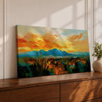 A panoramic desert landscape painting depicting a glowing sunset over layered mountain ranges and open terrain, with tall cacti silhouetted against a warm sky, rendered in textured brushstrokes that emphasize depth, horizon lines, and the expansive atmosphere of a southwest desert scene