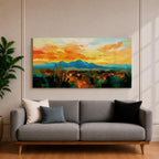 A panoramic desert landscape painting depicting a glowing sunset over layered mountain ranges and open terrain, with tall cacti silhouetted against a warm sky, rendered in textured brushstrokes that emphasize depth, horizon lines, and the expansive atmosphere of a southwest desert scene