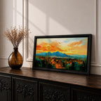 A panoramic desert landscape painting depicting a glowing sunset over layered mountain ranges and open terrain, with tall cacti silhouetted against a warm sky, rendered in textured brushstrokes that emphasize depth, horizon lines, and the expansive atmosphere of a southwest desert scene
