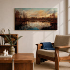 A panoramic painting of a calm lake reflecting autumn trees and a soft sunset sky, with warm earthy tones and bare branches lining the water, rendered in a realistic impressionistic style across a wide landscape composition.
