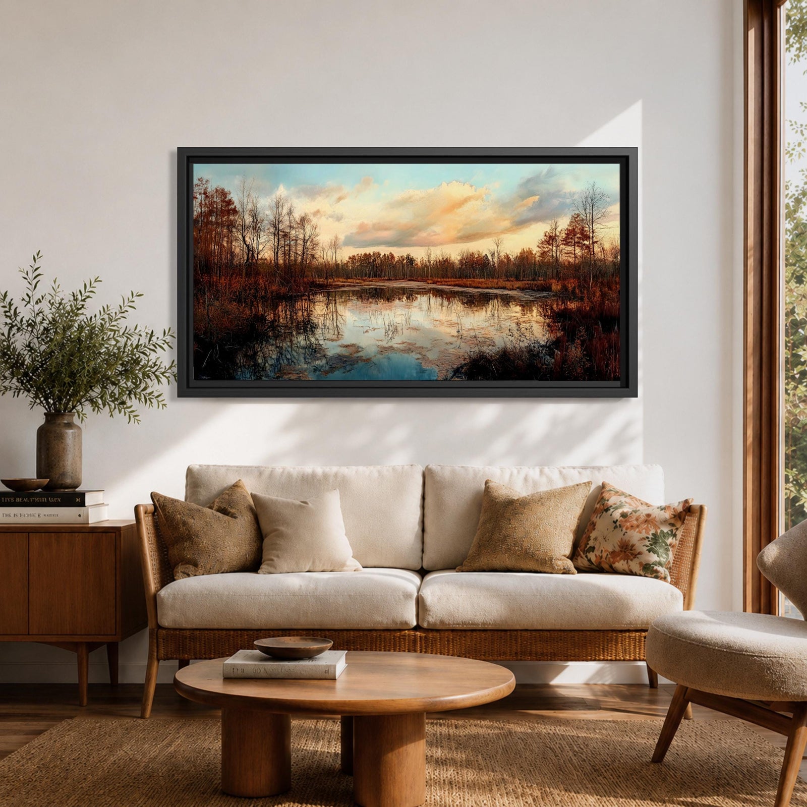 A panoramic painting of a calm lake reflecting autumn trees and a soft sunset sky, with warm earthy tones and bare branches lining the water, rendered in a realistic impressionistic style across a wide landscape composition.