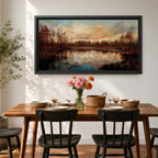 A panoramic painting of a calm lake reflecting autumn trees and a soft sunset sky, with warm earthy tones and bare branches lining the water, rendered in a realistic impressionistic style across a wide landscape composition.