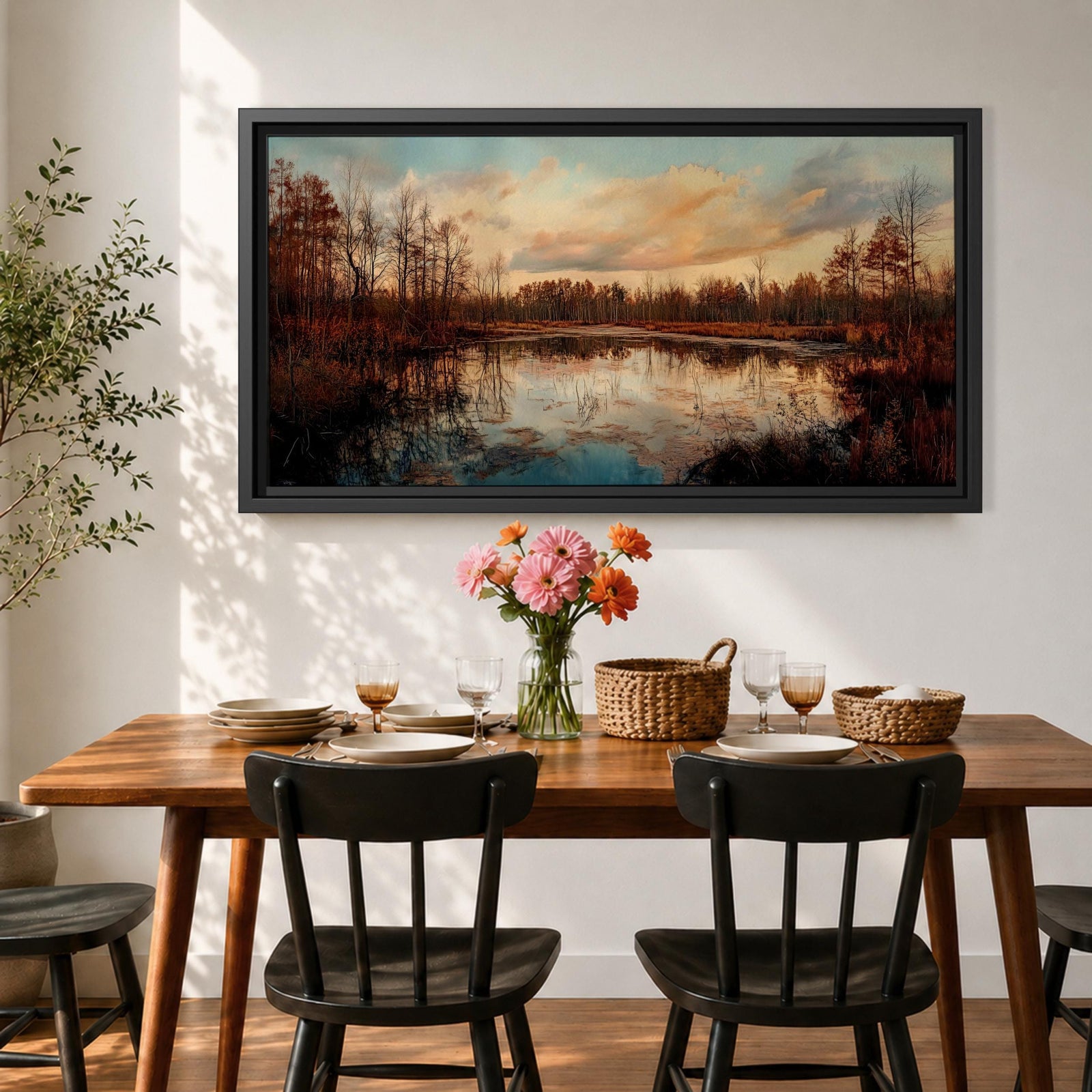 A panoramic painting of a calm lake reflecting autumn trees and a soft sunset sky, with warm earthy tones and bare branches lining the water, rendered in a realistic impressionistic style across a wide landscape composition.
