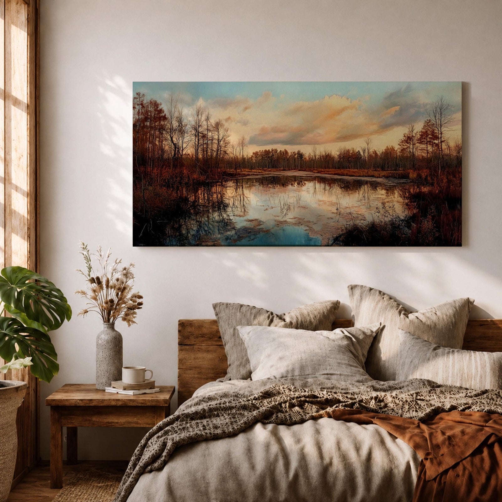 A panoramic painting of a calm lake reflecting autumn trees and a soft sunset sky, with warm earthy tones and bare branches lining the water, rendered in a realistic impressionistic style across a wide landscape composition.