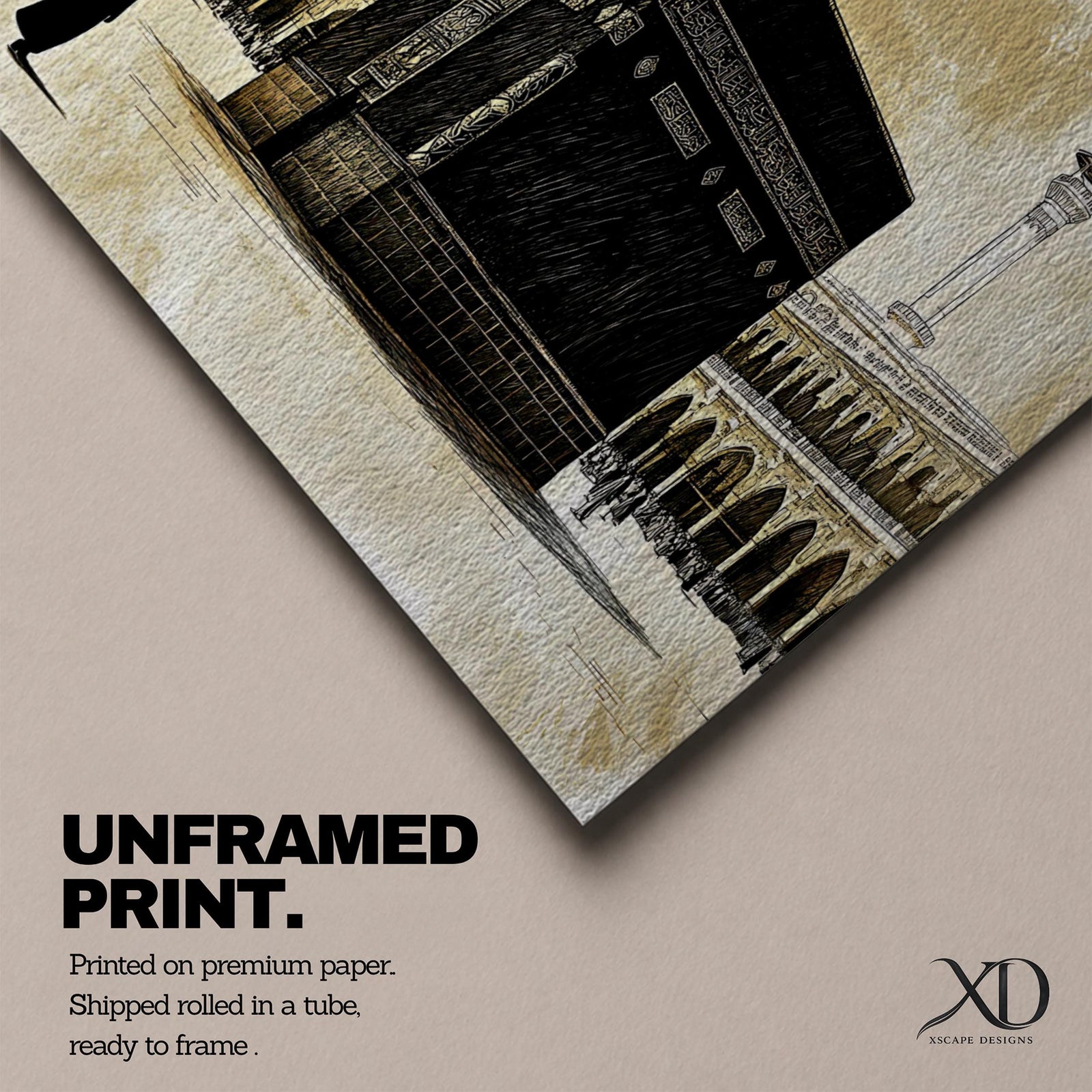 A panoramic artwork of the Kaaba in Mecca surrounded by Masjid Al Haram with arches and minarets, rendered in a vintage monochrome style with warm sepia tones and detailed architectural elements across a wide composition.