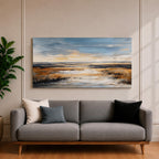 A panoramic abstract marsh landscape featuring layered grasses and reflective water channels, rendered with textured brushstrokes and blended earthy tones that create depth and movement, capturing the quiet flow of a wetland environment across a wide horizontal composition with soft atmospheric transitions.