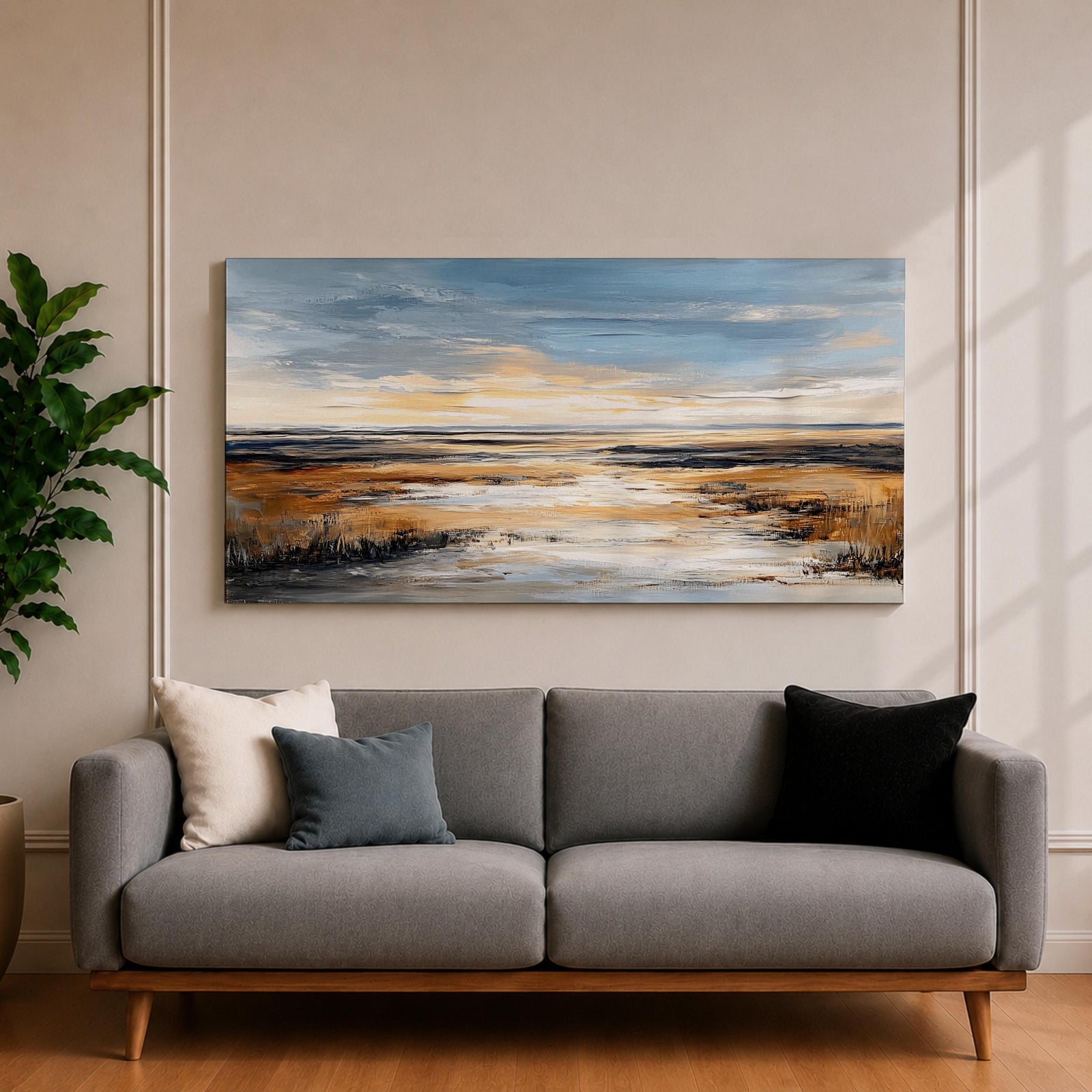A panoramic abstract marsh landscape featuring layered grasses and reflective water channels, rendered with textured brushstrokes and blended earthy tones that create depth and movement, capturing the quiet flow of a wetland environment across a wide horizontal composition with soft atmospheric transitions.