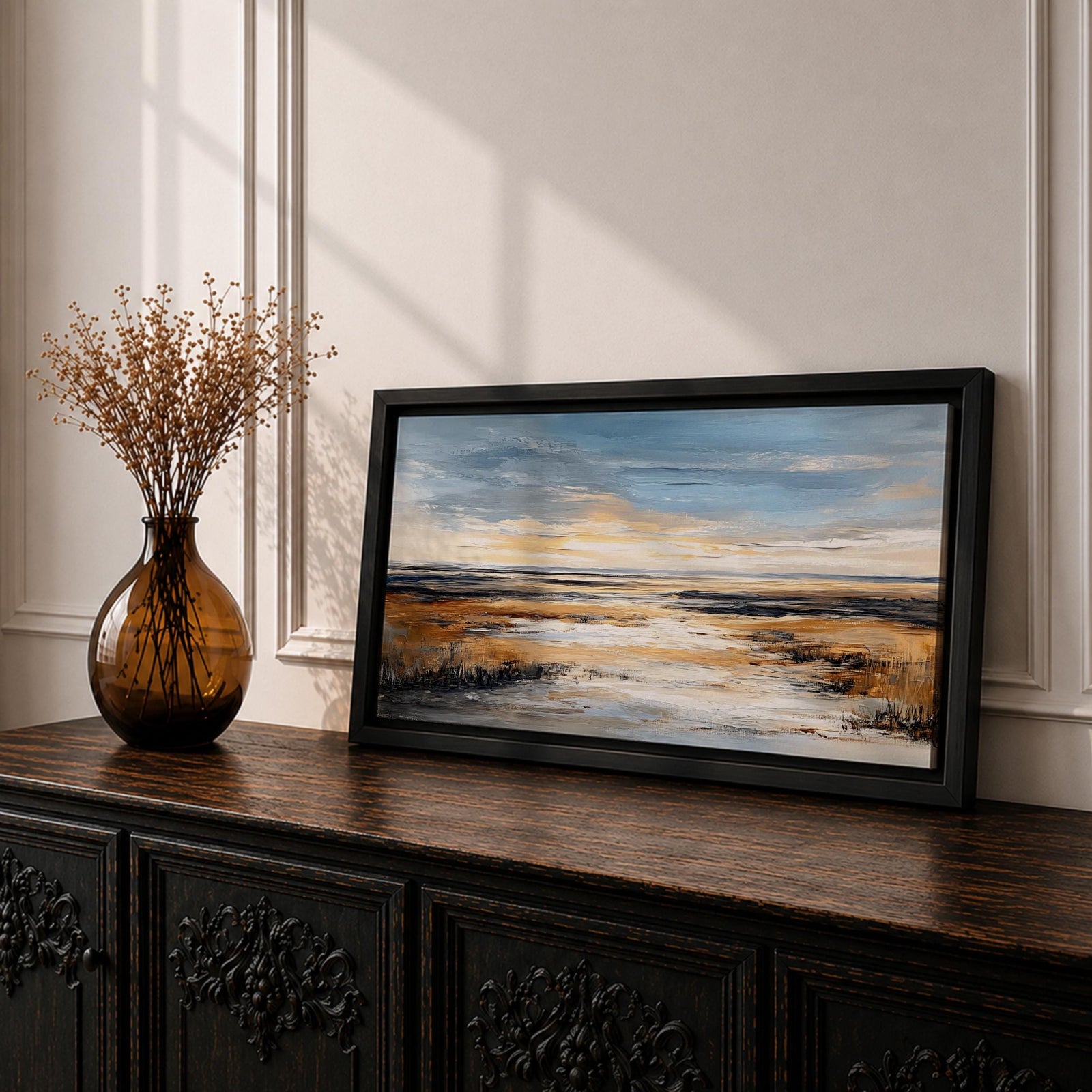 A panoramic abstract marsh landscape featuring layered grasses and reflective water channels, rendered with textured brushstrokes and blended earthy tones that create depth and movement, capturing the quiet flow of a wetland environment across a wide horizontal composition with soft atmospheric transitions.
