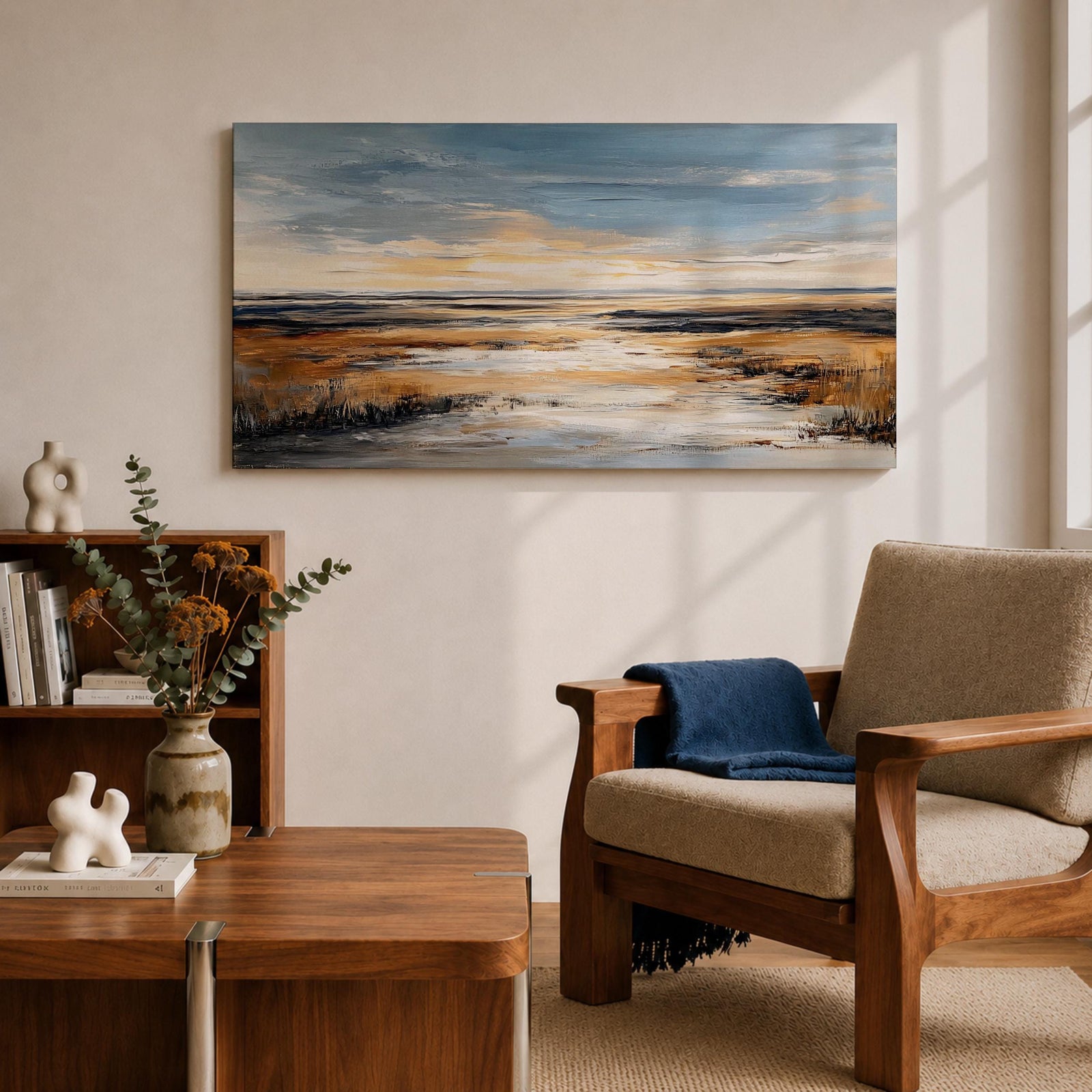 A panoramic abstract marsh landscape featuring layered grasses and reflective water channels, rendered with textured brushstrokes and blended earthy tones that create depth and movement, capturing the quiet flow of a wetland environment across a wide horizontal composition with soft atmospheric transitions.