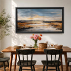 A panoramic abstract marsh landscape featuring layered grasses and reflective water channels, rendered with textured brushstrokes and blended earthy tones that create depth and movement, capturing the quiet flow of a wetland environment across a wide horizontal composition with soft atmospheric transitions.