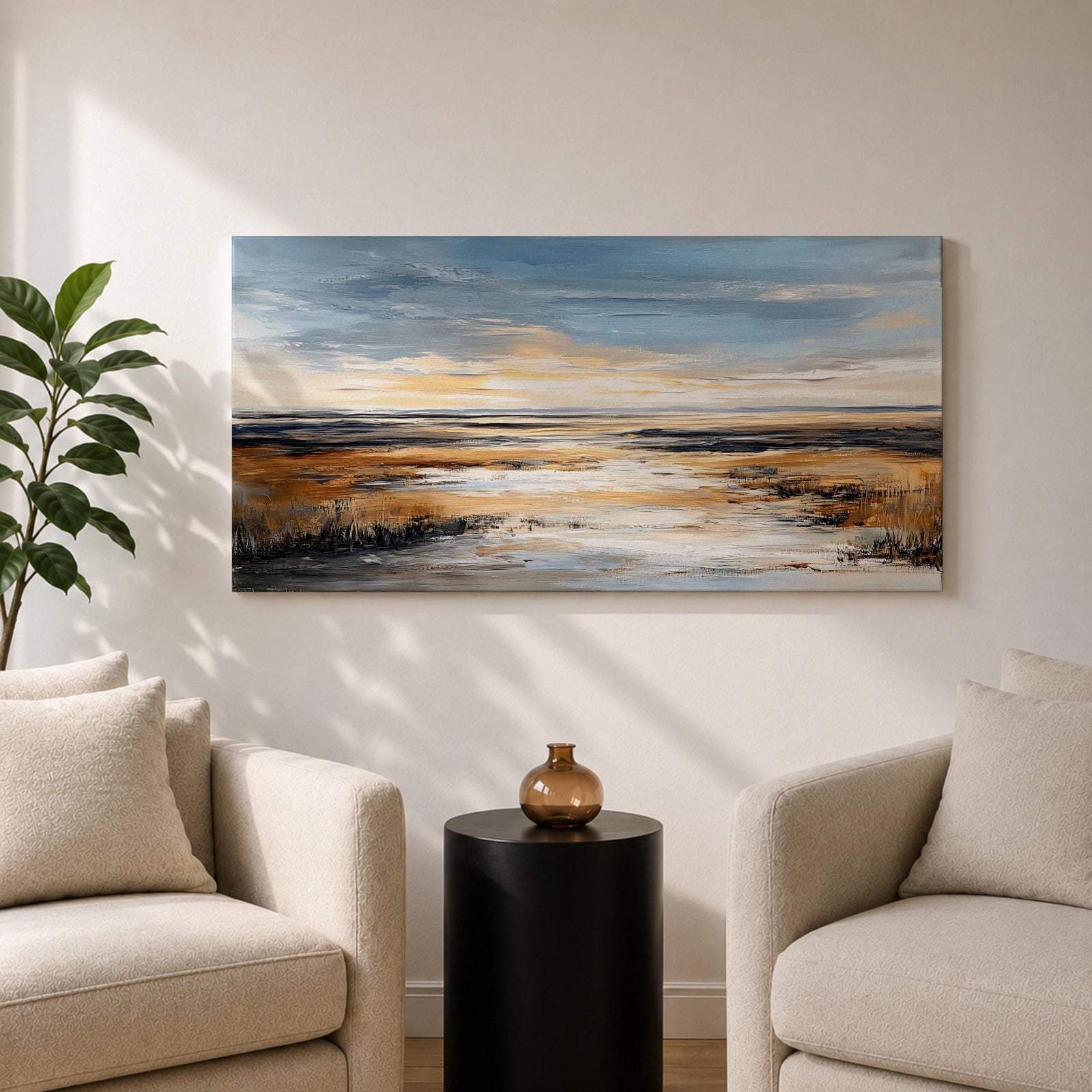 A panoramic abstract marsh landscape featuring layered grasses and reflective water channels, rendered with textured brushstrokes and blended earthy tones that create depth and movement, capturing the quiet flow of a wetland environment across a wide horizontal composition with soft atmospheric transitions.