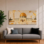 A panoramic painting of the Dome of the Rock featuring its iconic gold dome and detailed architectural arches, rendered in a textured minimalist style with soft neutral tones and gold accents, creating a balanced composition that highlights the structure’s symmetry across an extra wide format.
