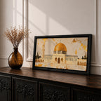 A panoramic painting of the Dome of the Rock featuring its iconic gold dome and detailed architectural arches, rendered in a textured minimalist style with soft neutral tones and gold accents, creating a balanced composition that highlights the structure’s symmetry across an extra wide format.