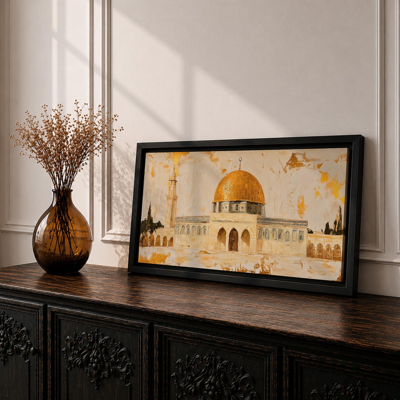 A panoramic painting of the Dome of the Rock featuring its iconic gold dome and detailed architectural arches, rendered in a textured minimalist style with soft neutral tones and gold accents, creating a balanced composition that highlights the structure’s symmetry across an extra wide format.