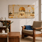 A panoramic painting of the Dome of the Rock featuring its iconic gold dome and detailed architectural arches, rendered in a textured minimalist style with soft neutral tones and gold accents, creating a balanced composition that highlights the structure’s symmetry across an extra wide format.