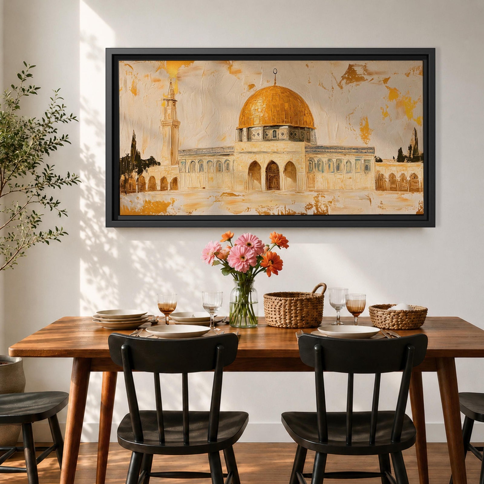 A panoramic painting of the Dome of the Rock featuring its iconic gold dome and detailed architectural arches, rendered in a textured minimalist style with soft neutral tones and gold accents, creating a balanced composition that highlights the structure’s symmetry across an extra wide format.