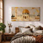 A panoramic painting of the Dome of the Rock featuring its iconic gold dome and detailed architectural arches, rendered in a textured minimalist style with soft neutral tones and gold accents, creating a balanced composition that highlights the structure’s symmetry across an extra wide format.