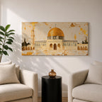 A panoramic painting of the Dome of the Rock featuring its iconic gold dome and detailed architectural arches, rendered in a textured minimalist style with soft neutral tones and gold accents, creating a balanced composition that highlights the structure’s symmetry across an extra wide format.