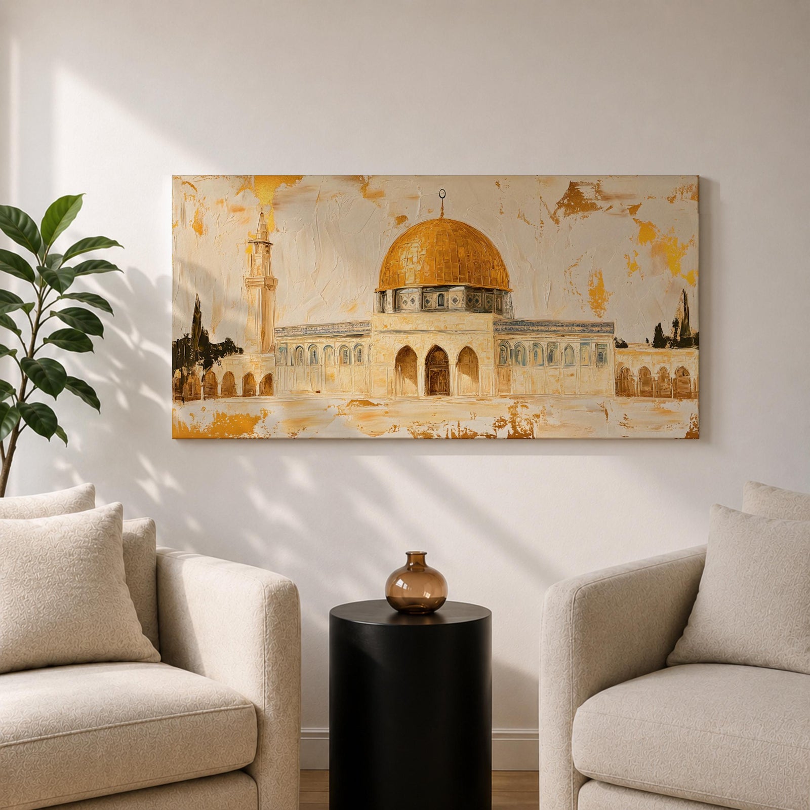 A panoramic painting of the Dome of the Rock featuring its iconic gold dome and detailed architectural arches, rendered in a textured minimalist style with soft neutral tones and gold accents, creating a balanced composition that highlights the structure’s symmetry across an extra wide format.