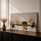 A panoramic painting of the Kaaba at Masjid Al Haram in Mecca, depicted within a sacred mosque setting with surrounding architectural forms and a soft abstract atmosphere, rendered in layered brushstrokes that emphasize depth, light, and spiritual presence across a wide composition