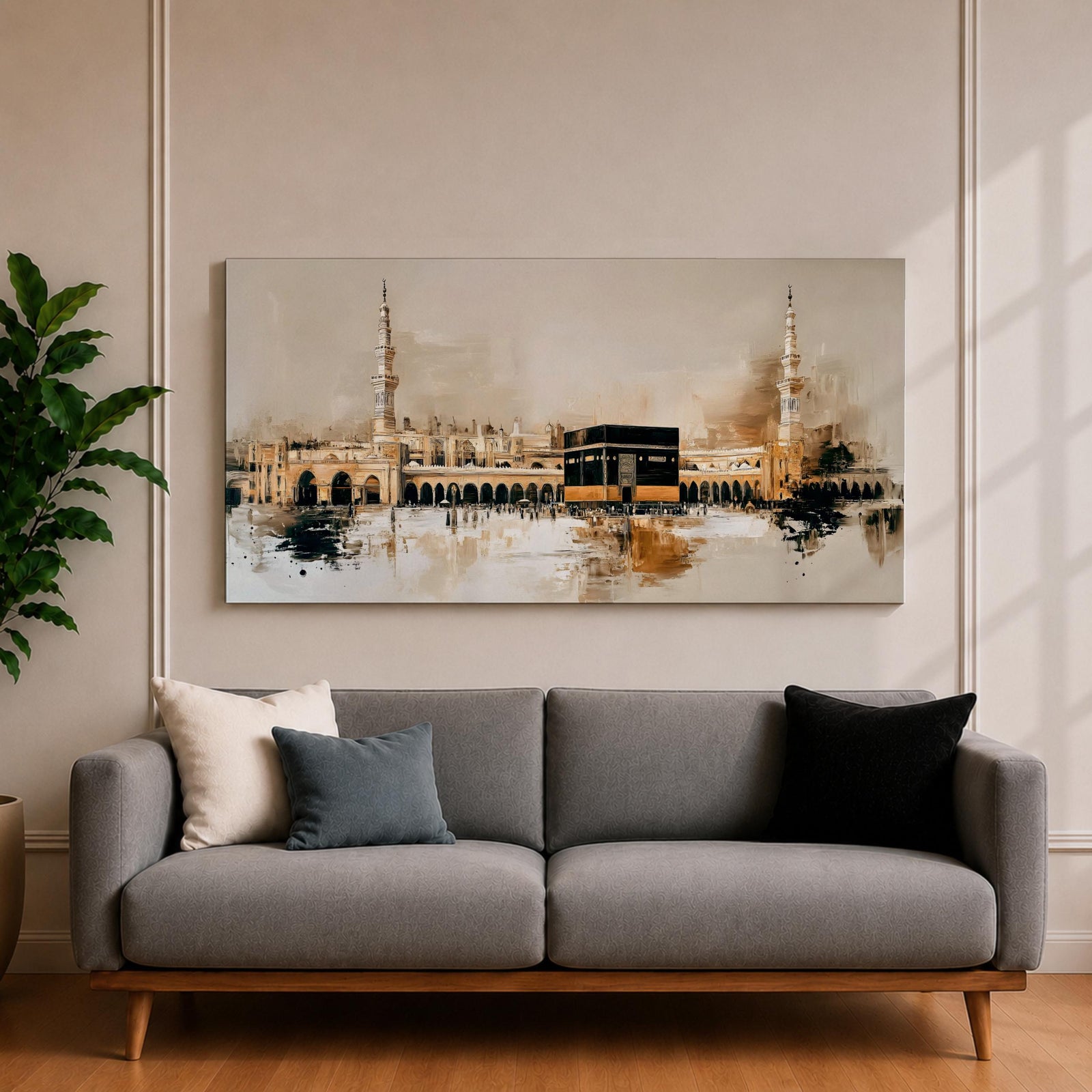 A panoramic painting of the Kaaba at Masjid Al Haram in Mecca, depicted within a sacred mosque setting with surrounding architectural forms and a soft abstract atmosphere, rendered in layered brushstrokes that emphasize depth, light, and spiritual presence across a wide composition