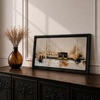 A panoramic painting of the Kaaba at Masjid Al Haram in Mecca, depicted within a sacred mosque setting with surrounding architectural forms and a soft abstract atmosphere, rendered in layered brushstrokes that emphasize depth, light, and spiritual presence across a wide composition