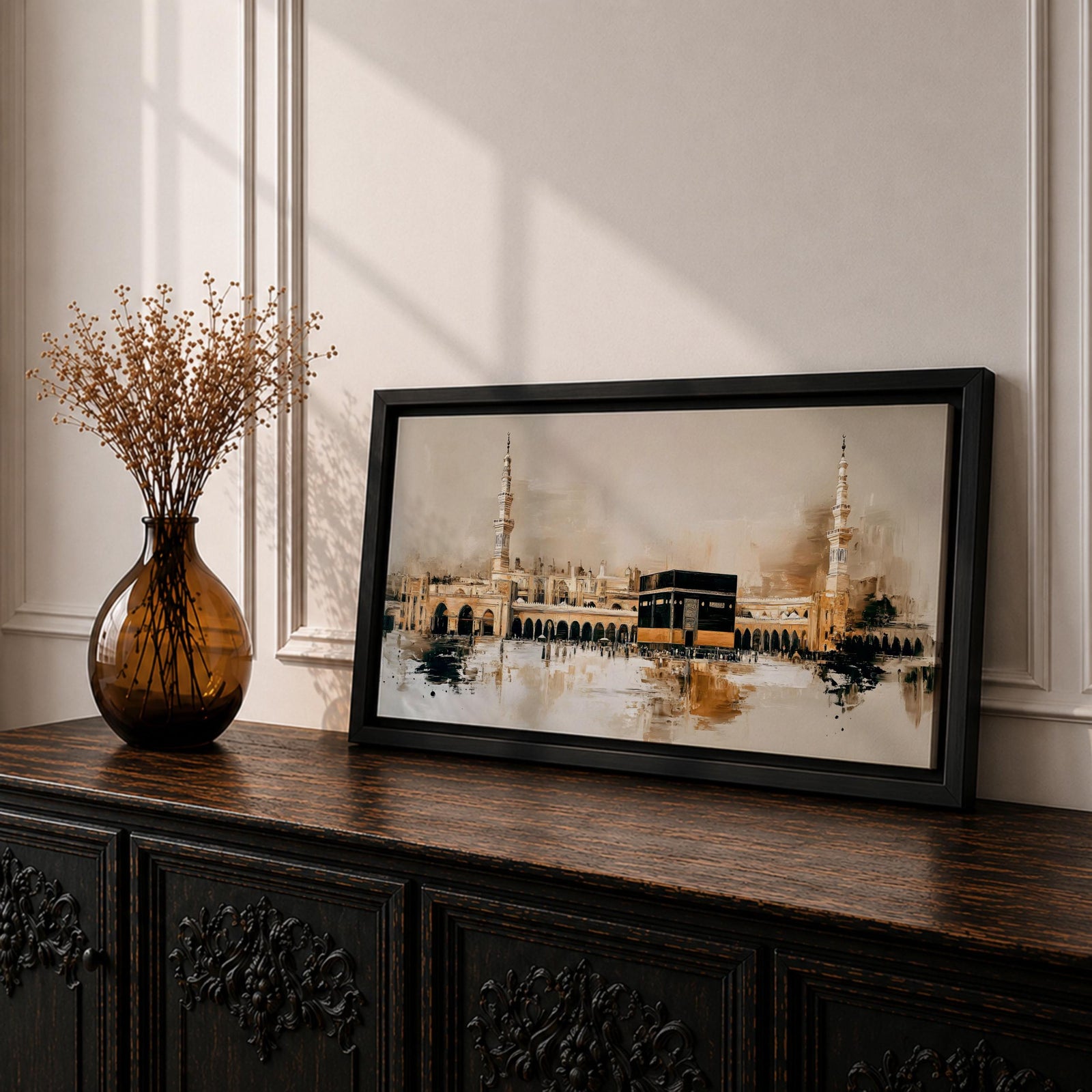 A panoramic painting of the Kaaba at Masjid Al Haram in Mecca, depicted within a sacred mosque setting with surrounding architectural forms and a soft abstract atmosphere, rendered in layered brushstrokes that emphasize depth, light, and spiritual presence across a wide composition