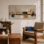 A panoramic painting of the Kaaba at Masjid Al Haram in Mecca, depicted within a sacred mosque setting with surrounding architectural forms and a soft abstract atmosphere, rendered in layered brushstrokes that emphasize depth, light, and spiritual presence across a wide composition