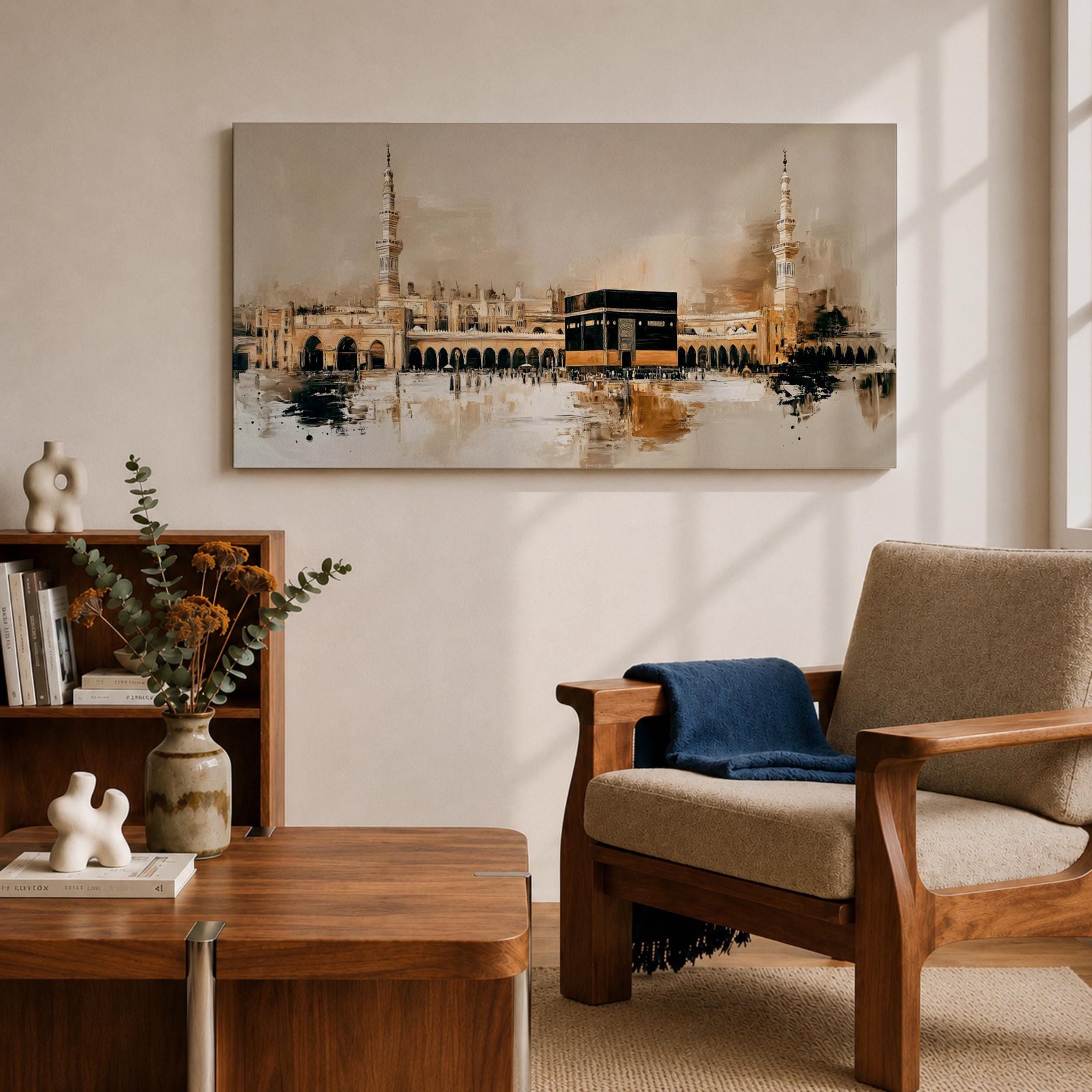 A panoramic painting of the Kaaba at Masjid Al Haram in Mecca, depicted within a sacred mosque setting with surrounding architectural forms and a soft abstract atmosphere, rendered in layered brushstrokes that emphasize depth, light, and spiritual presence across a wide composition