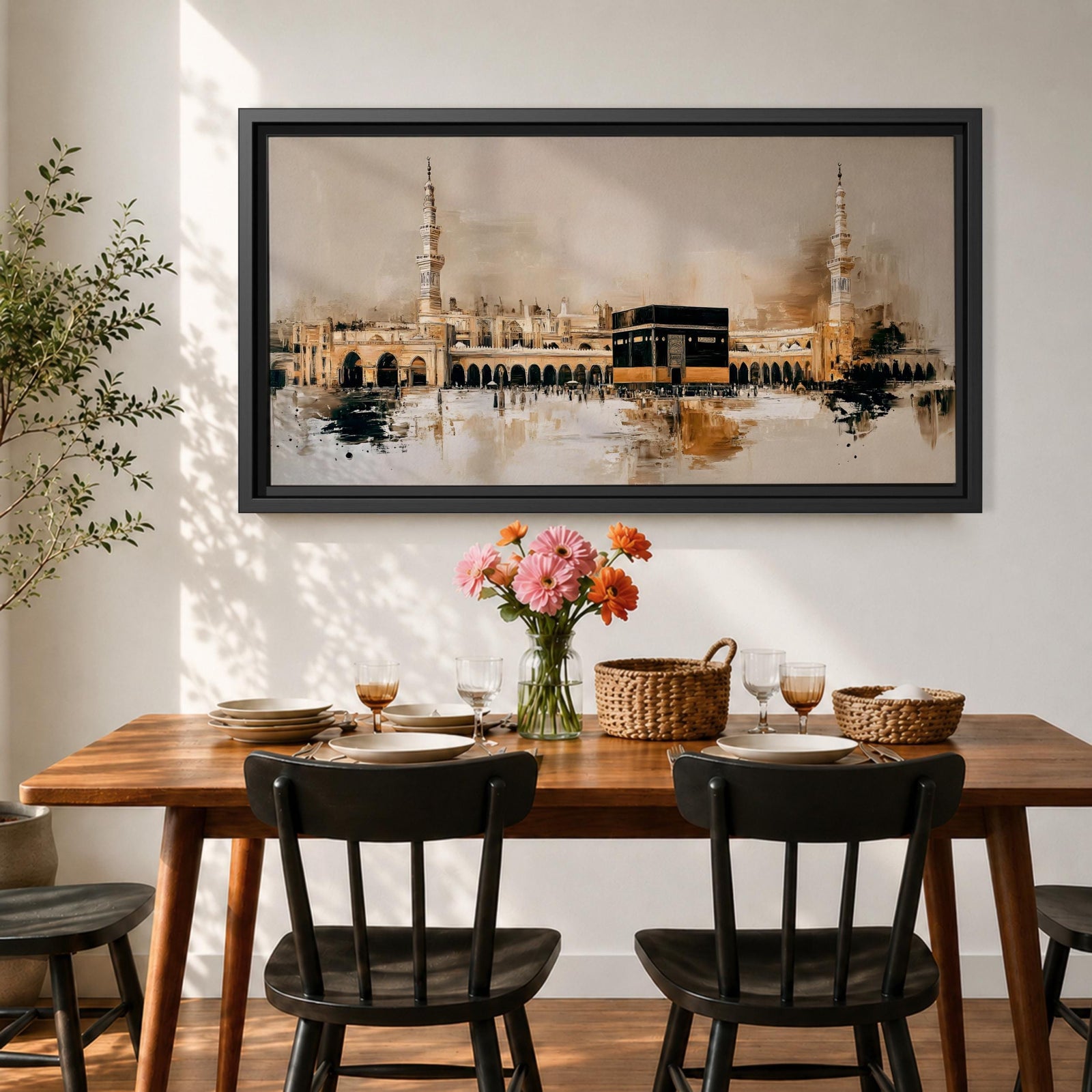 A panoramic painting of the Kaaba at Masjid Al Haram in Mecca, depicted within a sacred mosque setting with surrounding architectural forms and a soft abstract atmosphere, rendered in layered brushstrokes that emphasize depth, light, and spiritual presence across a wide composition