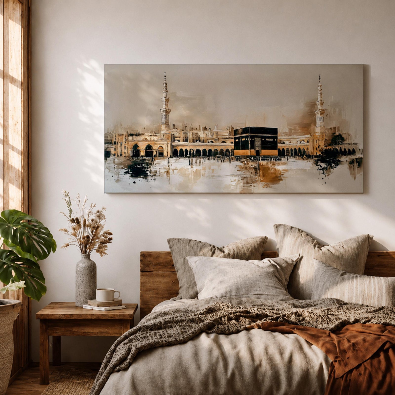 A panoramic painting of the Kaaba at Masjid Al Haram in Mecca, depicted within a sacred mosque setting with surrounding architectural forms and a soft abstract atmosphere, rendered in layered brushstrokes that emphasize depth, light, and spiritual presence across a wide composition