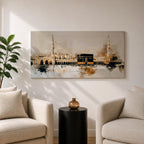 A panoramic painting of the Kaaba at Masjid Al Haram in Mecca, depicted within a sacred mosque setting with surrounding architectural forms and a soft abstract atmosphere, rendered in layered brushstrokes that emphasize depth, light, and spiritual presence across a wide composition