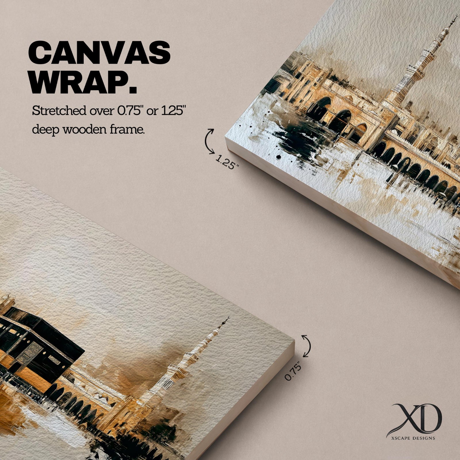 A panoramic painting of the Kaaba at Masjid Al Haram in Mecca, depicted within a sacred mosque setting with surrounding architectural forms and a soft abstract atmosphere, rendered in layered brushstrokes that emphasize depth, light, and spiritual presence across a wide composition