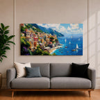 A panoramic painting of a colorful Italian coastal village perched on cliffs above a bright blue sea, with sailboats scattered across the water, rendered in a vibrant impressionistic style with rich textures and sunlit Mediterranean tones.
