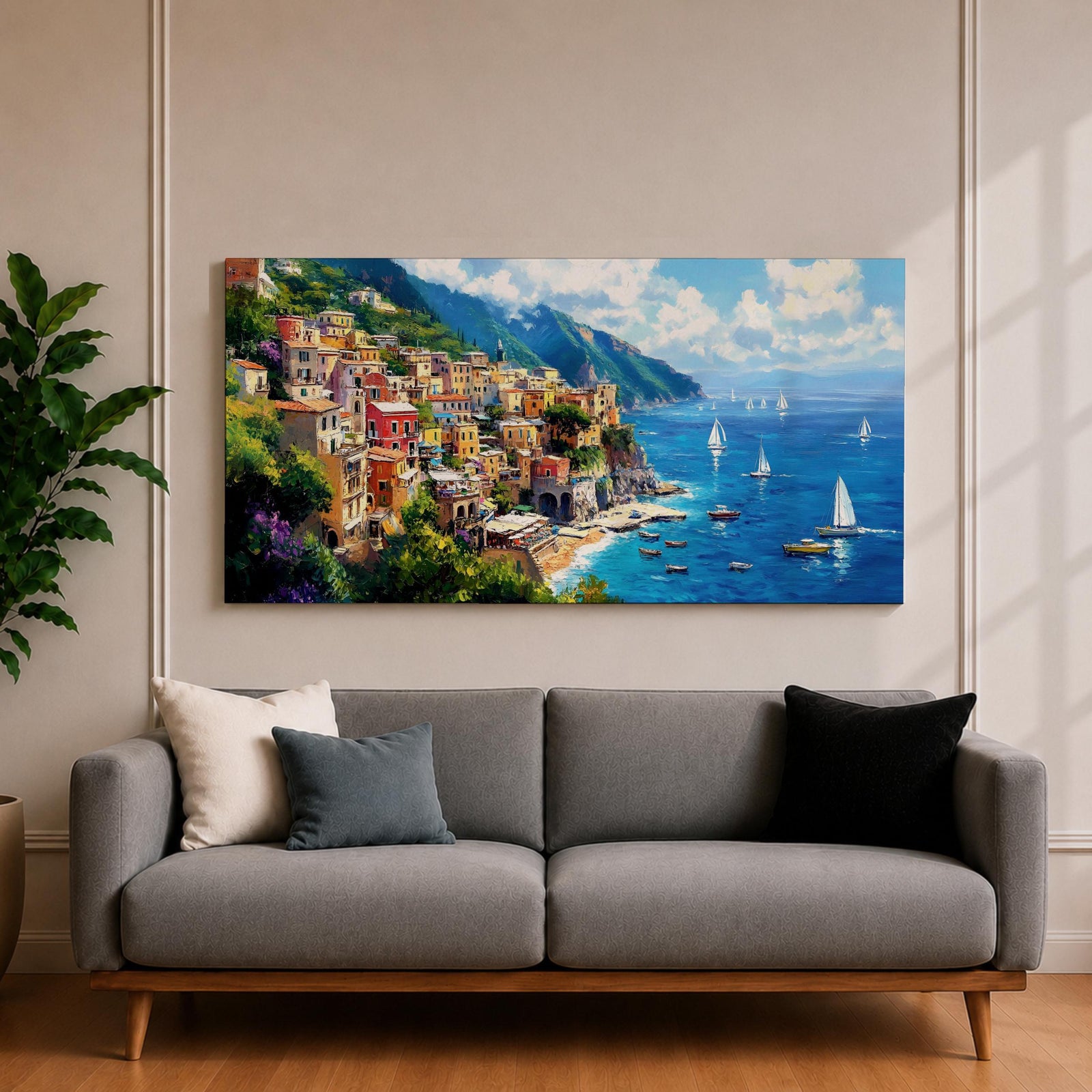 A panoramic painting of a colorful Italian coastal village perched on cliffs above a bright blue sea, with sailboats scattered across the water, rendered in a vibrant impressionistic style with rich textures and sunlit Mediterranean tones.