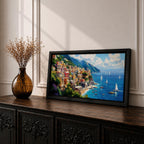 A panoramic painting of a colorful Italian coastal village perched on cliffs above a bright blue sea, with sailboats scattered across the water, rendered in a vibrant impressionistic style with rich textures and sunlit Mediterranean tones.
