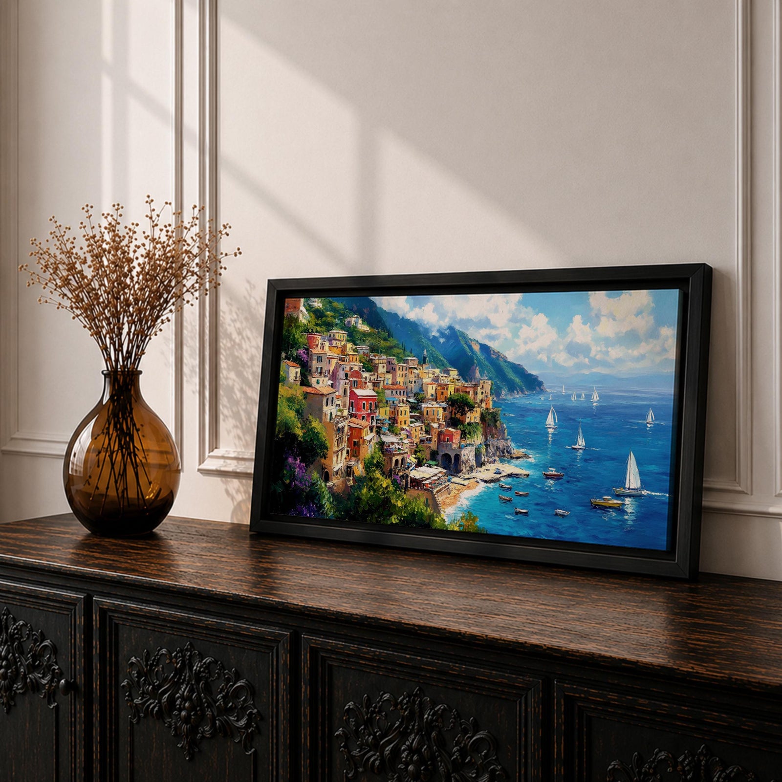 A panoramic painting of a colorful Italian coastal village perched on cliffs above a bright blue sea, with sailboats scattered across the water, rendered in a vibrant impressionistic style with rich textures and sunlit Mediterranean tones.