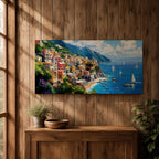 A panoramic painting of a colorful Italian coastal village perched on cliffs above a bright blue sea, with sailboats scattered across the water, rendered in a vibrant impressionistic style with rich textures and sunlit Mediterranean tones.