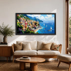 A panoramic painting of a colorful Italian coastal village perched on cliffs above a bright blue sea, with sailboats scattered across the water, rendered in a vibrant impressionistic style with rich textures and sunlit Mediterranean tones.