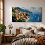A panoramic painting of a colorful Italian coastal village perched on cliffs above a bright blue sea, with sailboats scattered across the water, rendered in a vibrant impressionistic style with rich textures and sunlit Mediterranean tones.