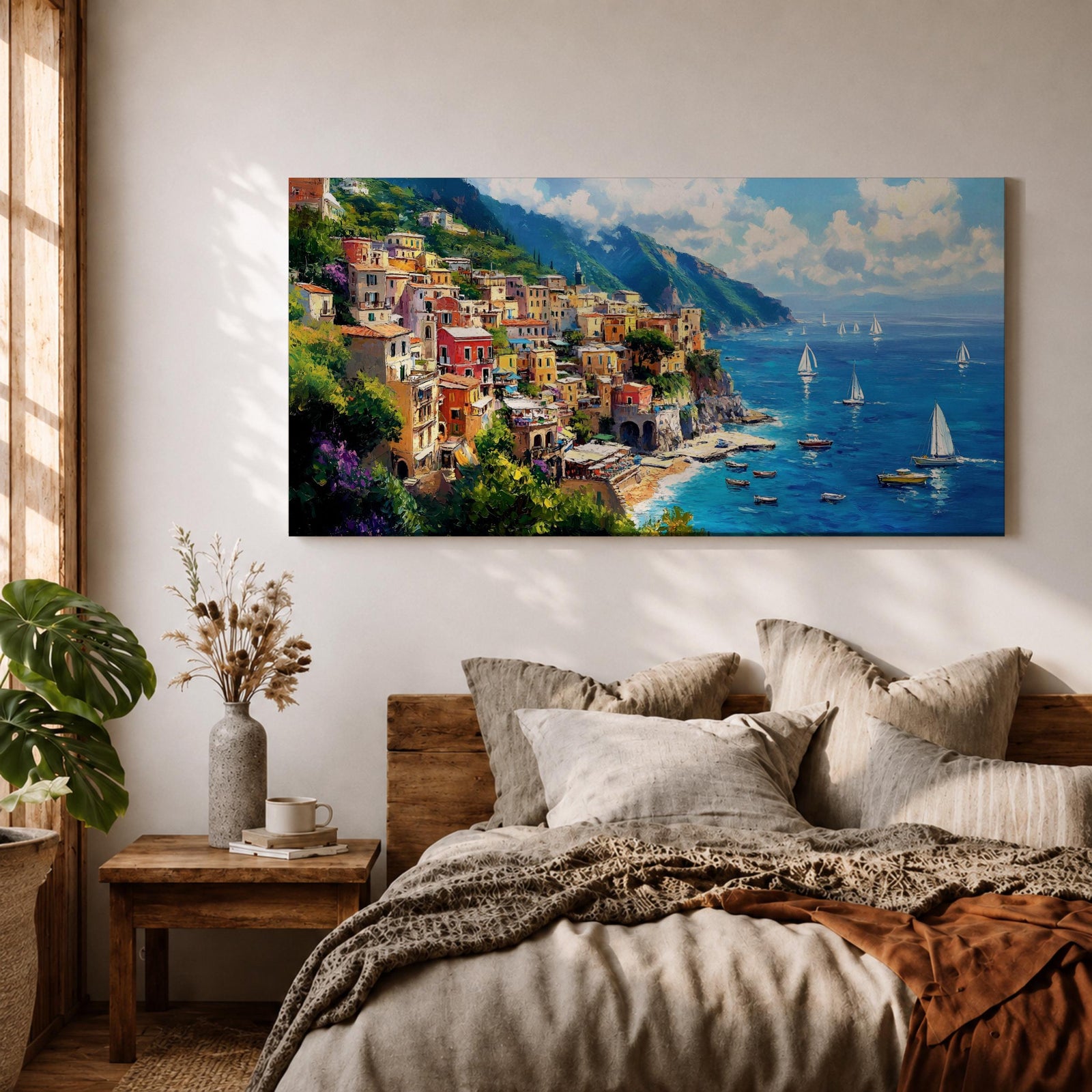 A panoramic painting of a colorful Italian coastal village perched on cliffs above a bright blue sea, with sailboats scattered across the water, rendered in a vibrant impressionistic style with rich textures and sunlit Mediterranean tones.
