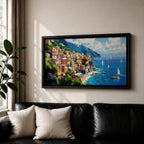 A panoramic painting of a colorful Italian coastal village perched on cliffs above a bright blue sea, with sailboats scattered across the water, rendered in a vibrant impressionistic style with rich textures and sunlit Mediterranean tones.