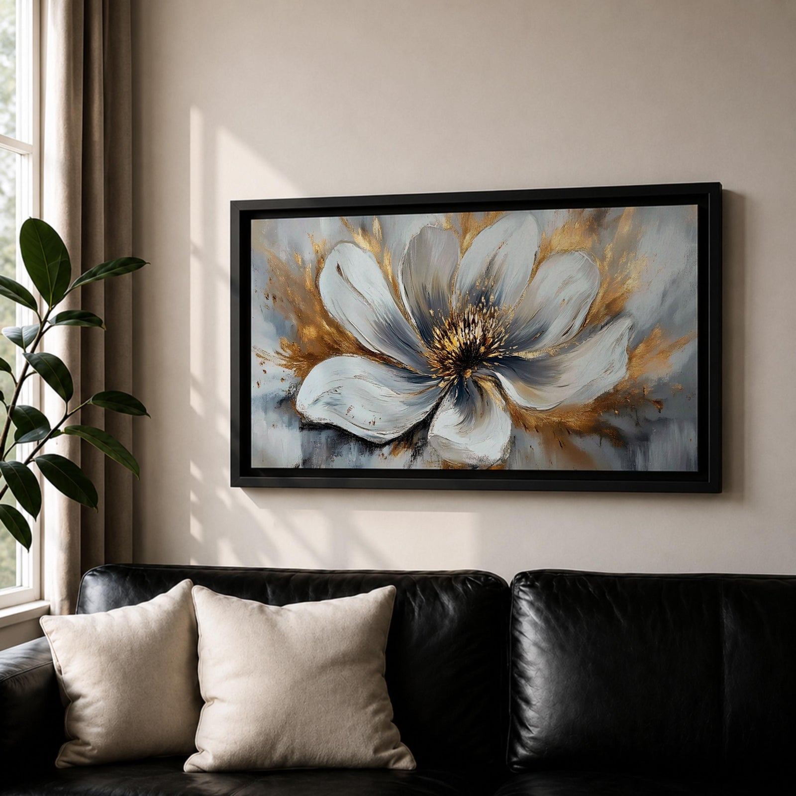 A panoramic abstract painting of a large white flower in full bloom, featuring layered petals with soft gray shading and a detailed textured center, accented by expressive gold brushstrokes that radiate outward, creating depth and contrast across a modern extra wide floral composition.